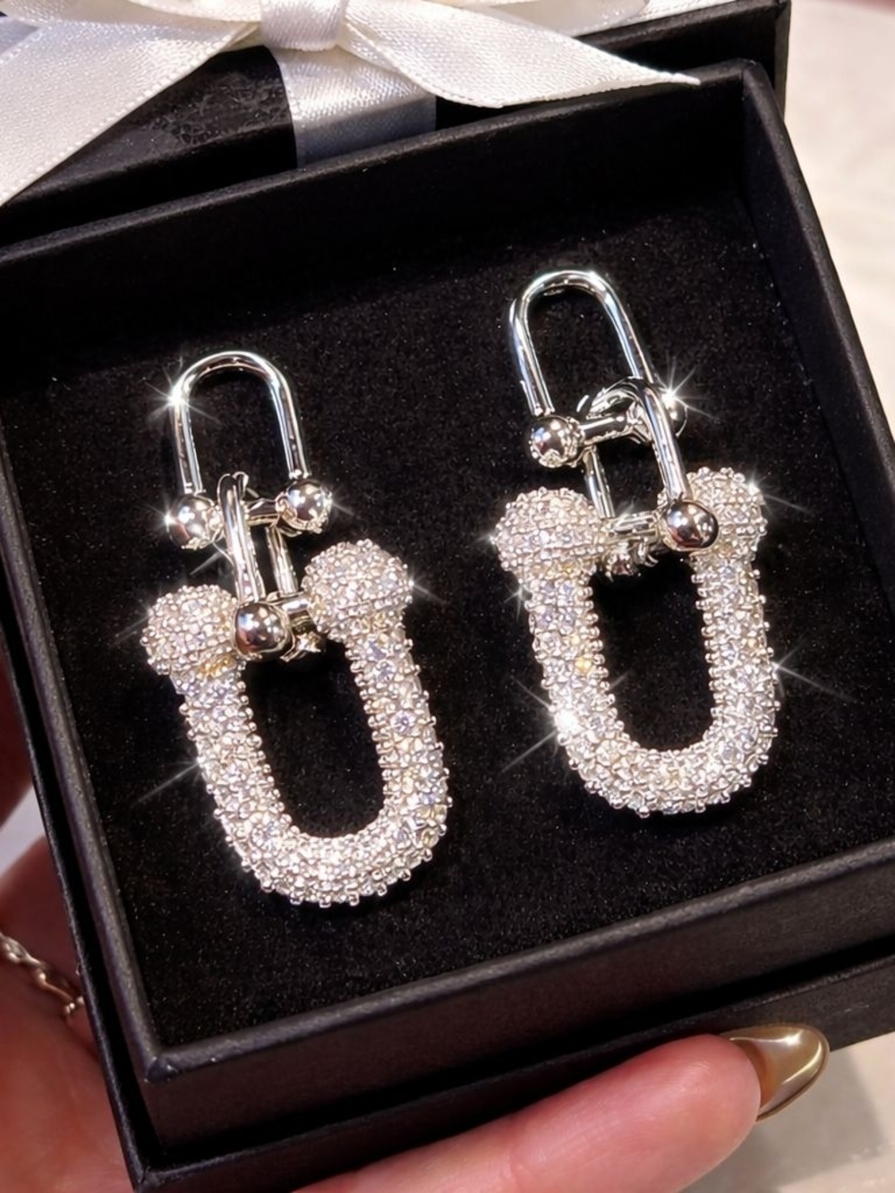 Silver Crystal U-Hoop Drop Earrings - Picture 2 of 5